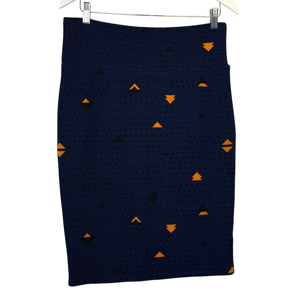 LuLaRoe Cassie Women's M Navy Orange Geometric Textured Knit Pencil Skirt